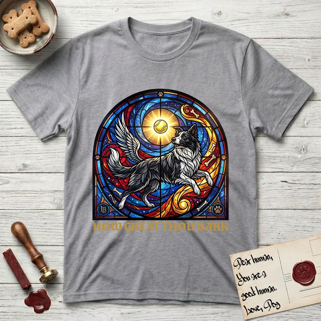 How Great Thou Bark Border Collie T-Shirt flat lay in Sport Grey, featuring a full-color stained-glass saint window of a winged Border Collie leaping after a glowing tennis ball, with a halo.