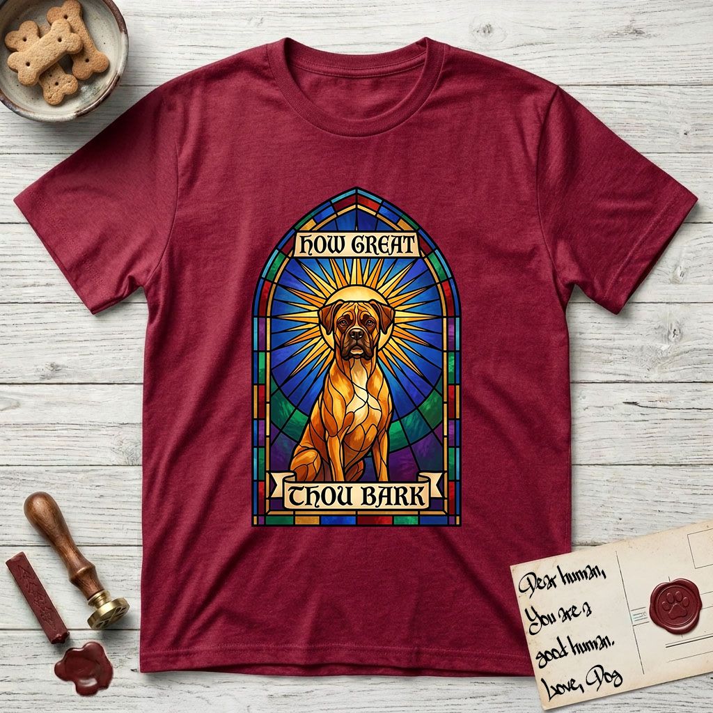 How Great Thou Bark Boxer T-Shirt flat lay in Antique Cherry Red, featuring a full-color stained-glass saint window of a Boxer seated in warm golden light with a halo.