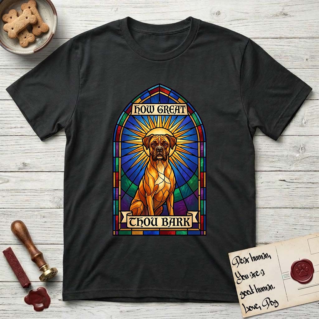 How Great Thou Bark Boxer T-Shirt flat lay in Black, featuring a full-color stained-glass saint window of a Boxer seated in warm golden light with a halo.