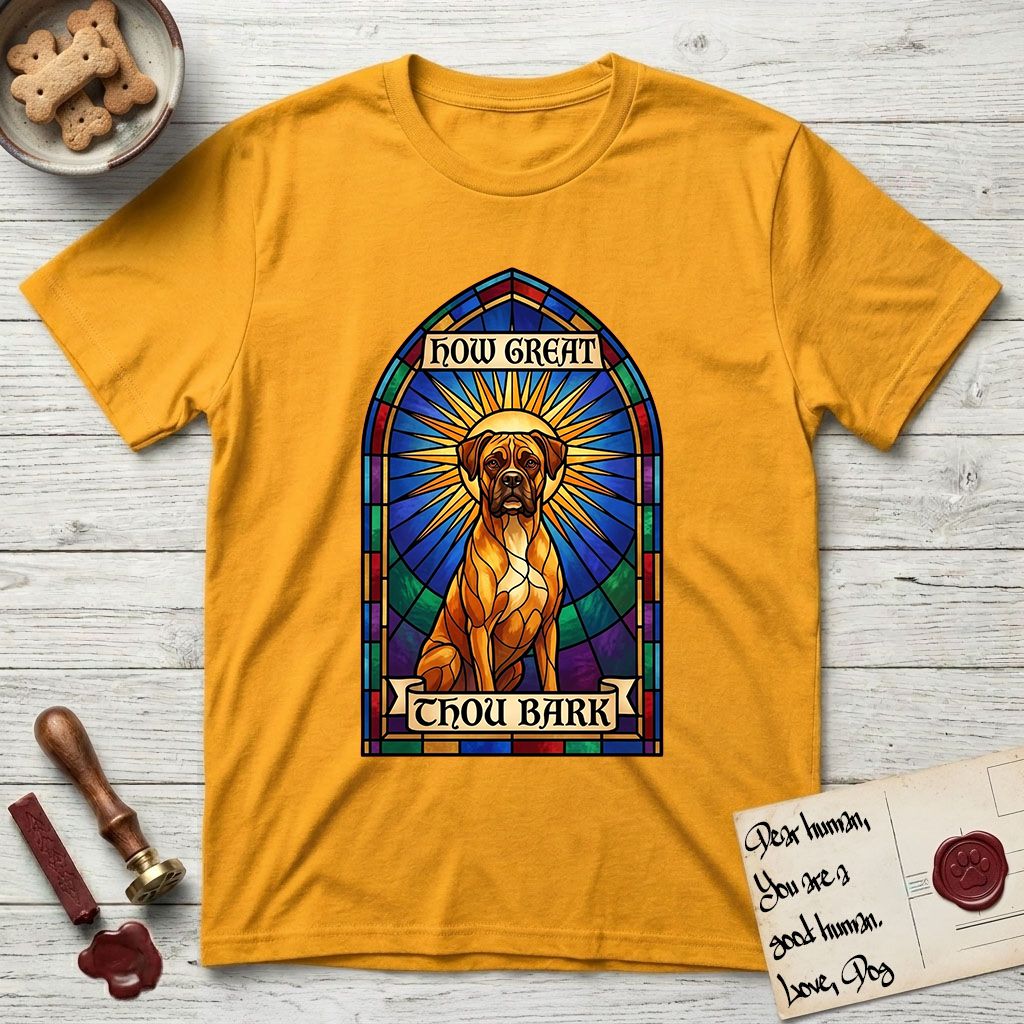 How Great Thou Bark Boxer T-Shirt flat lay in Gold, featuring a full-color stained-glass saint window of a Boxer seated in warm golden light with a halo.