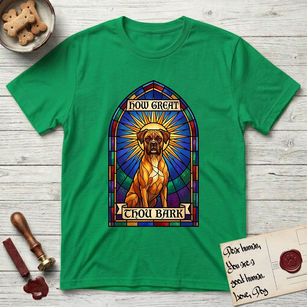 How Great Thou Bark Boxer T-Shirt flat lay in Irish Green, featuring a full-color stained-glass saint window of a Boxer seated in warm golden light with a halo.