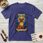 How Great Thou Bark Boxer T-Shirt flat lay in Metro Blue, featuring a full-color stained-glass saint window of a Boxer seated in warm golden light with a halo.