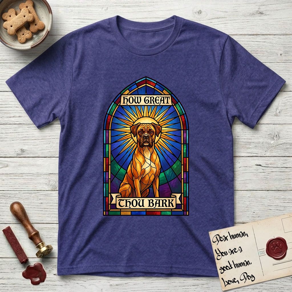 How Great Thou Bark Boxer T-Shirt flat lay in Metro Blue, featuring a full-color stained-glass saint window of a Boxer seated in warm golden light with a halo.