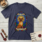How Great Thou Bark Boxer T-Shirt flat lay in Navy, featuring a full-color stained-glass saint window of a Boxer seated in warm golden light with a halo.