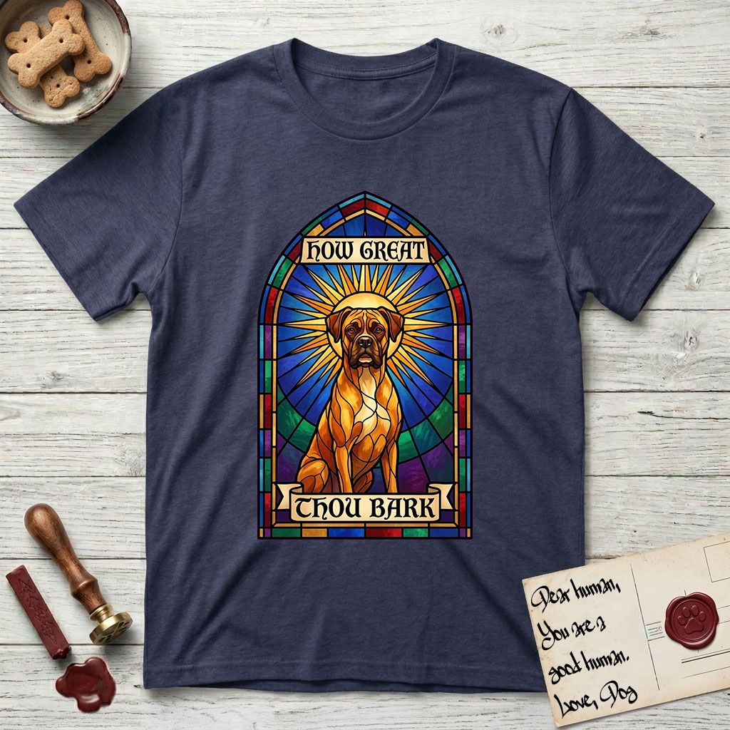 How Great Thou Bark Boxer T-Shirt flat lay in Navy, featuring a full-color stained-glass saint window of a Boxer seated in warm golden light with a halo.