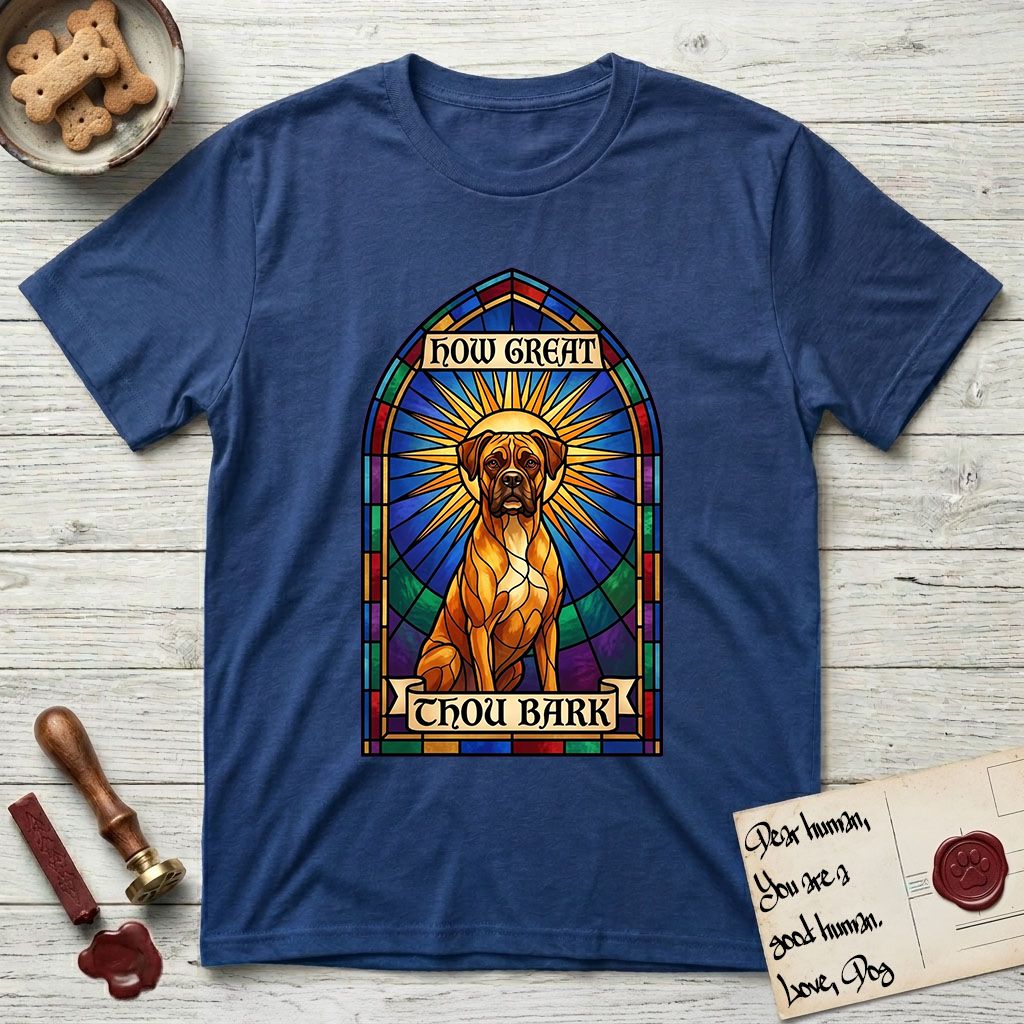 How Great Thou Bark Boxer T-Shirt flat lay in Royal, featuring a full-color stained-glass saint window of a Boxer seated in warm golden light with a halo.