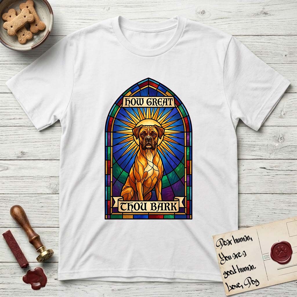 How Great Thou Bark Boxer T-Shirt flat lay in White, featuring a full-color stained-glass saint window of a Boxer seated in warm golden light with a halo.