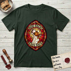 How Great Thou Bark Bull Terrier T-Shirt flat lay in Forest Green, featuring a full-color stained-glass saint window of a brown and white Bull Terrier with head raised and mouth open mid-howl, haloed in golden light.