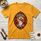 How Great Thou Bark Bull Terrier T-Shirt flat lay in Gold, featuring a full-color stained-glass saint window of a brown and white Bull Terrier with head raised and mouth open mid-howl, haloed in golden light.