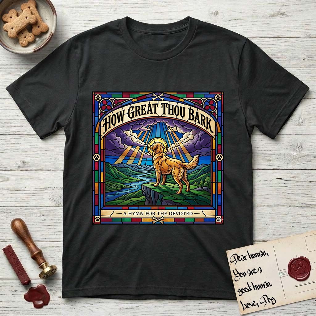 How Great Thou Bark Golden Retriever T-Shirt flat lay in Black, featuring a full-color stained-glass saint window of a Golden Retriever standing on a mountain with light breaking through the clouds and a halo.