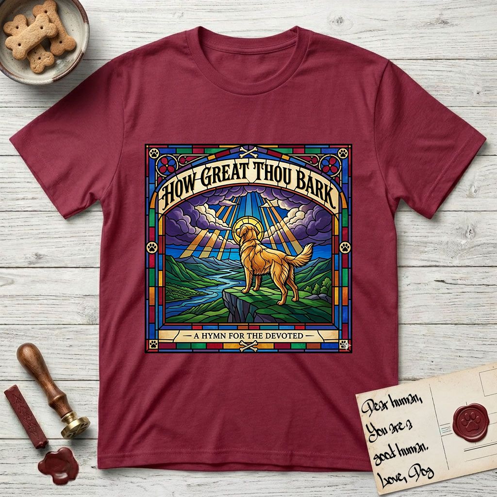 How Great Thou Bark Golden Retriever T-Shirt flat lay in Cardinal Red, featuring a full-color stained-glass saint window of a Golden Retriever standing on a mountain with light breaking through the clouds and a halo.
