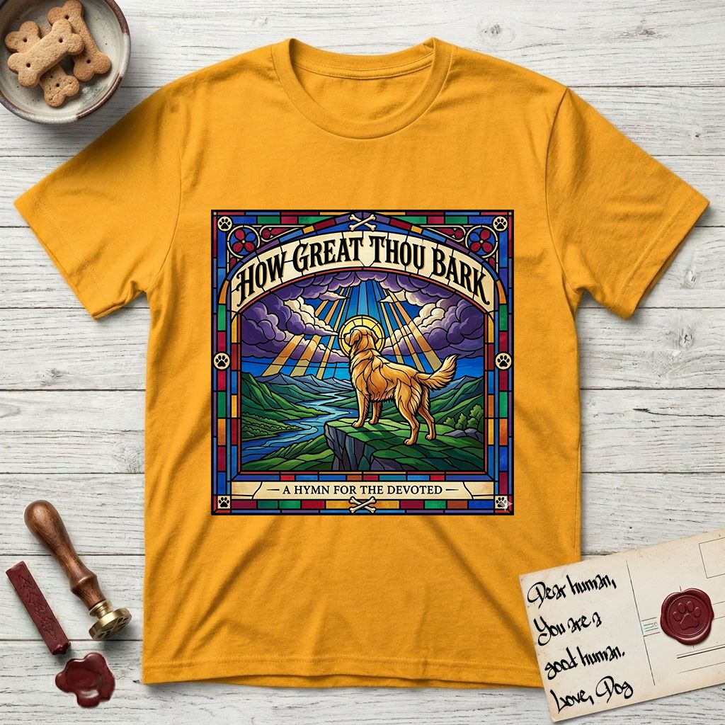 How Great Thou Bark Golden Retriever T-Shirt flat lay in Gold, featuring a full-color stained-glass saint window of a Golden Retriever standing on a mountain with light breaking through the clouds and a halo.