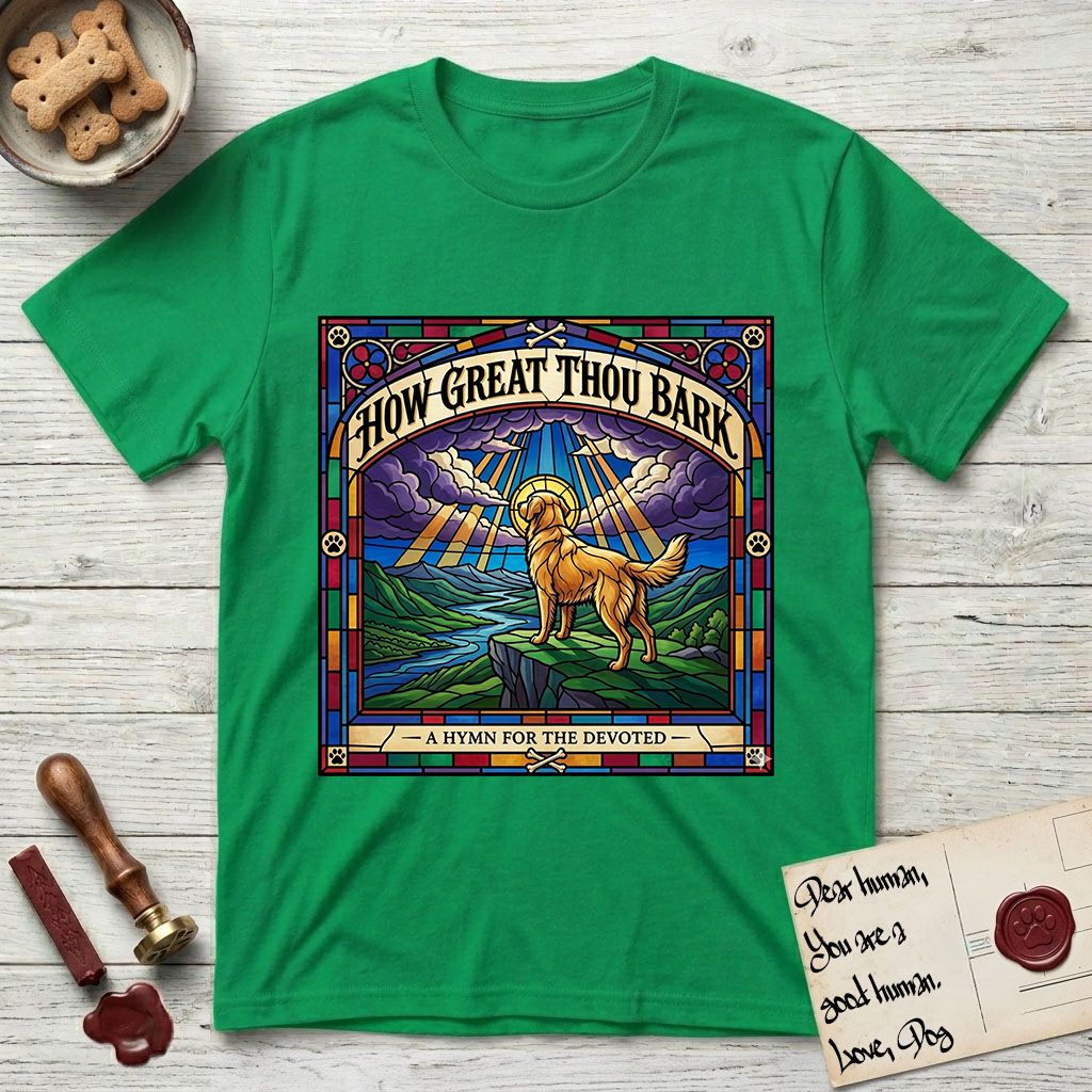 How Great Thou Bark Golden Retriever T-Shirt flat lay in Irish Green, featuring a full-color stained-glass saint window of a Golden Retriever standing on a mountain with light breaking through the clouds and a halo.