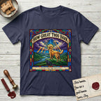 How Great Thou Bark Golden Retriever T-Shirt flat lay in Navy, featuring a full-color stained-glass saint window of a Golden Retriever standing on a mountain with light breaking through the clouds and a halo.