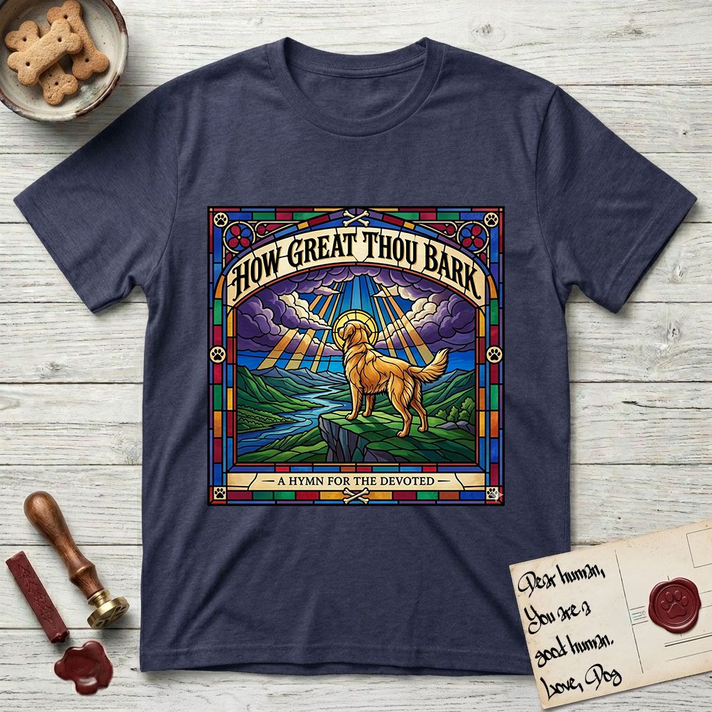 How Great Thou Bark Golden Retriever T-Shirt flat lay in Navy, featuring a full-color stained-glass saint window of a Golden Retriever standing on a mountain with light breaking through the clouds and a halo.