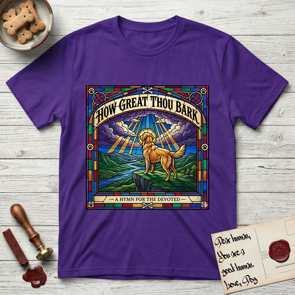 How Great Thou Bark Golden Retriever T-Shirt flat lay in Purple, featuring a full-color stained-glass saint window of a Golden Retriever standing on a mountain with light breaking through the clouds and a halo.