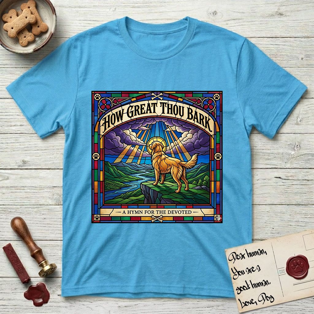 How Great Thou Bark Golden Retriever T-Shirt flat lay in Sky, featuring a full-color stained-glass saint window of a Golden Retriever standing on a mountain with light breaking through the clouds and a halo.