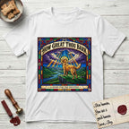 How Great Thou Bark Golden Retriever T-Shirt flat lay in White, featuring a full-color stained-glass saint window of a Golden Retriever standing on a mountain with light breaking through the clouds and a halo.
