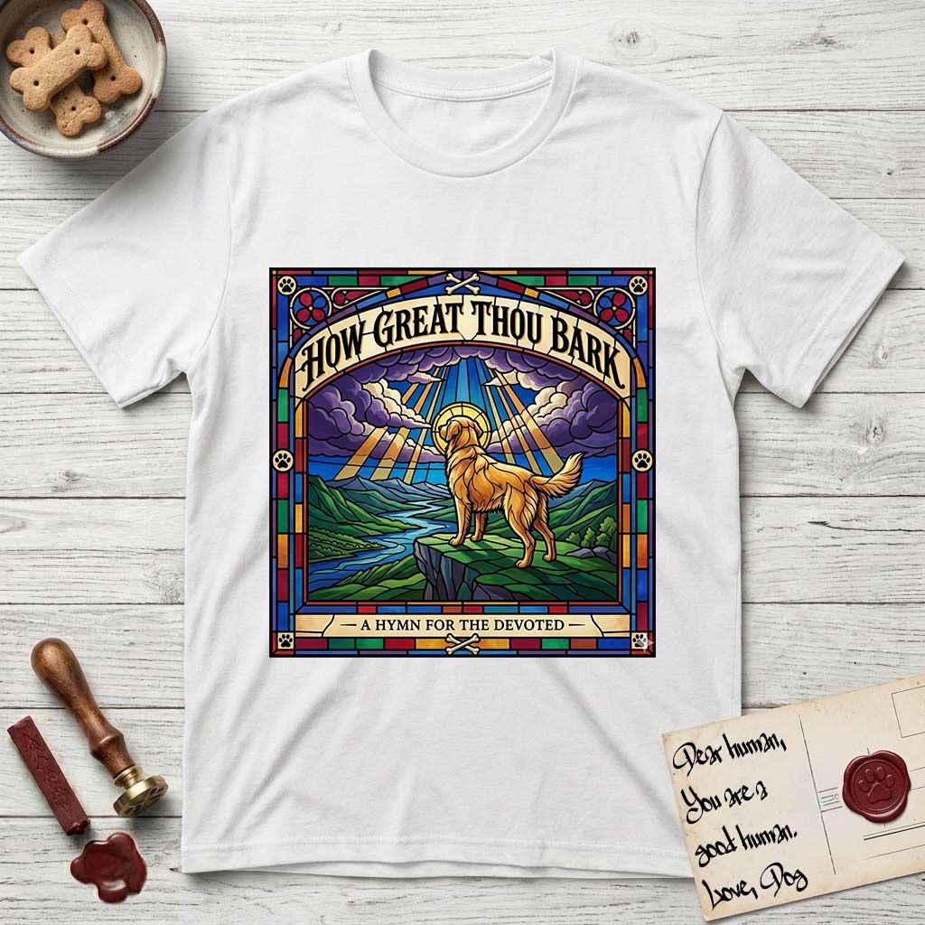 How Great Thou Bark Golden Retriever T-Shirt flat lay in White, featuring a full-color stained-glass saint window of a Golden Retriever standing on a mountain with light breaking through the clouds and a halo.