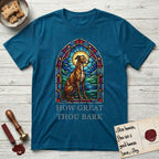 How Great Thou Bark Greyhound T-Shirt flat lay in Antique Sapphire, featuring a full-color stained-glass saint window of a Greyhound sitting in stillness, with a halo.