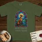 How Great Thou Bark Greyhound T-Shirt flat lay in Hemp, featuring a full-color stained-glass saint window of a Greyhound sitting in stillness, with a halo.