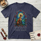 How Great Thou Bark Greyhound T-Shirt flat lay in Navy, featuring a full-color stained-glass saint window of a Greyhound sitting in stillness, with a halo.
