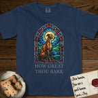 How Great Thou Bark Greyhound T-Shirt flat lay in True Navy, featuring a full-color stained-glass saint window of a Greyhound sitting in stillness, with a halo.