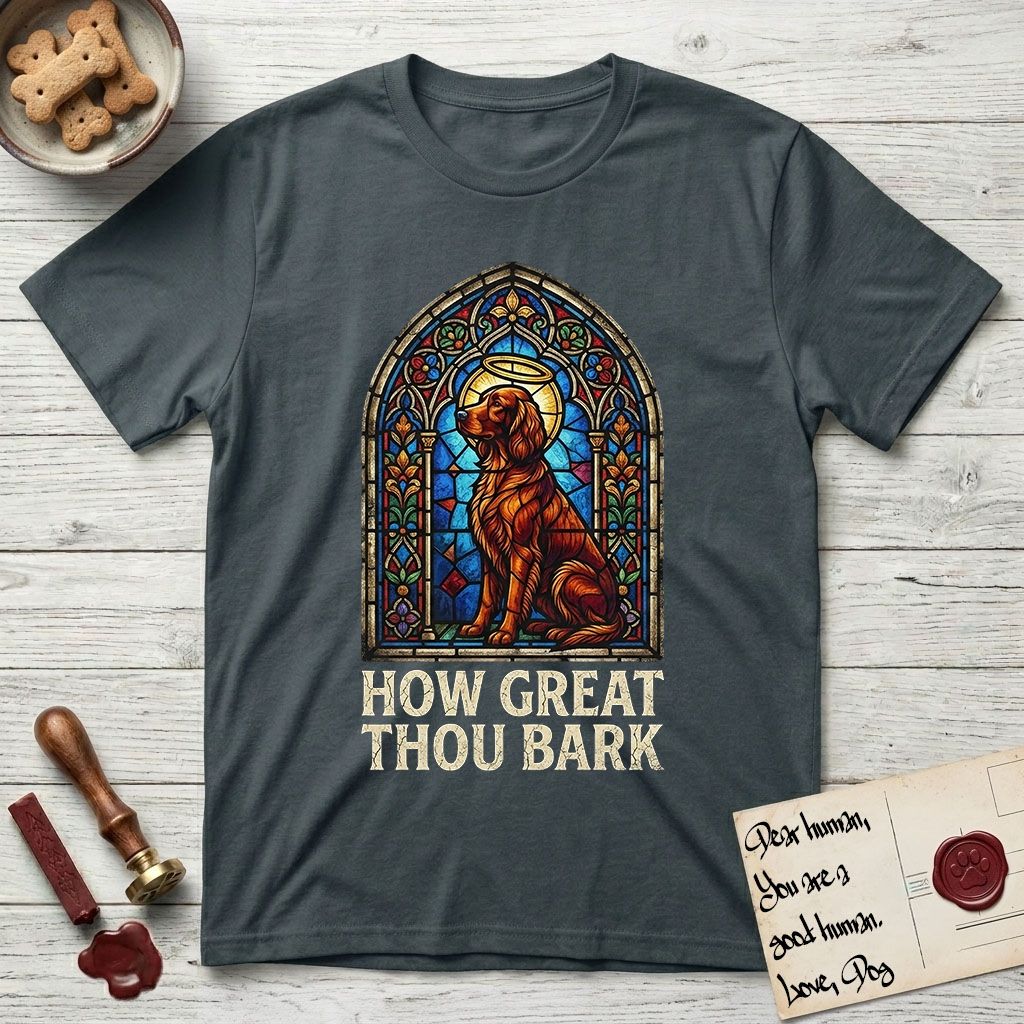 How Great Thou Bark Irish Setter T-Shirt flat lay in Dark Heather Grey, featuring a full-color stained-glass saint window of an Irish Setter seated and gazing up into the light, with a halo.