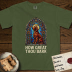 How Great Thou Bark Irish Setter T-Shirt flat lay in Hemp, featuring a full-color stained-glass saint window of an Irish Setter seated and gazing up into the light, with a halo.