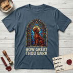How Great Thou Bark Irish Setter T-Shirt flat lay in Indigo Blue, featuring a full-color stained-glass saint window of an Irish Setter seated and gazing up into the light, with a halo.