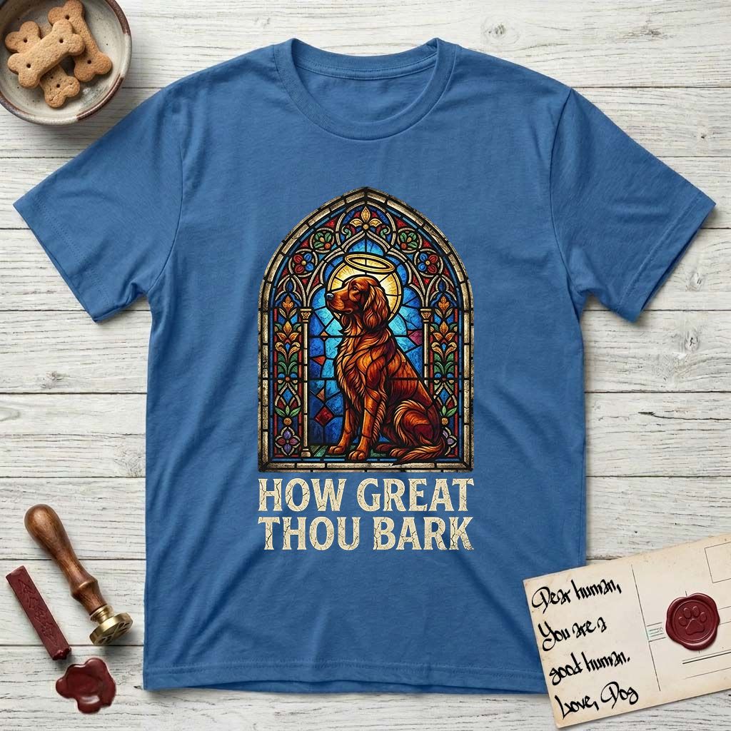 How Great Thou Bark Irish Setter T-Shirt flat lay in Iris, featuring a full-color stained-glass saint window of an Irish Setter seated and gazing up into the light, with a halo.