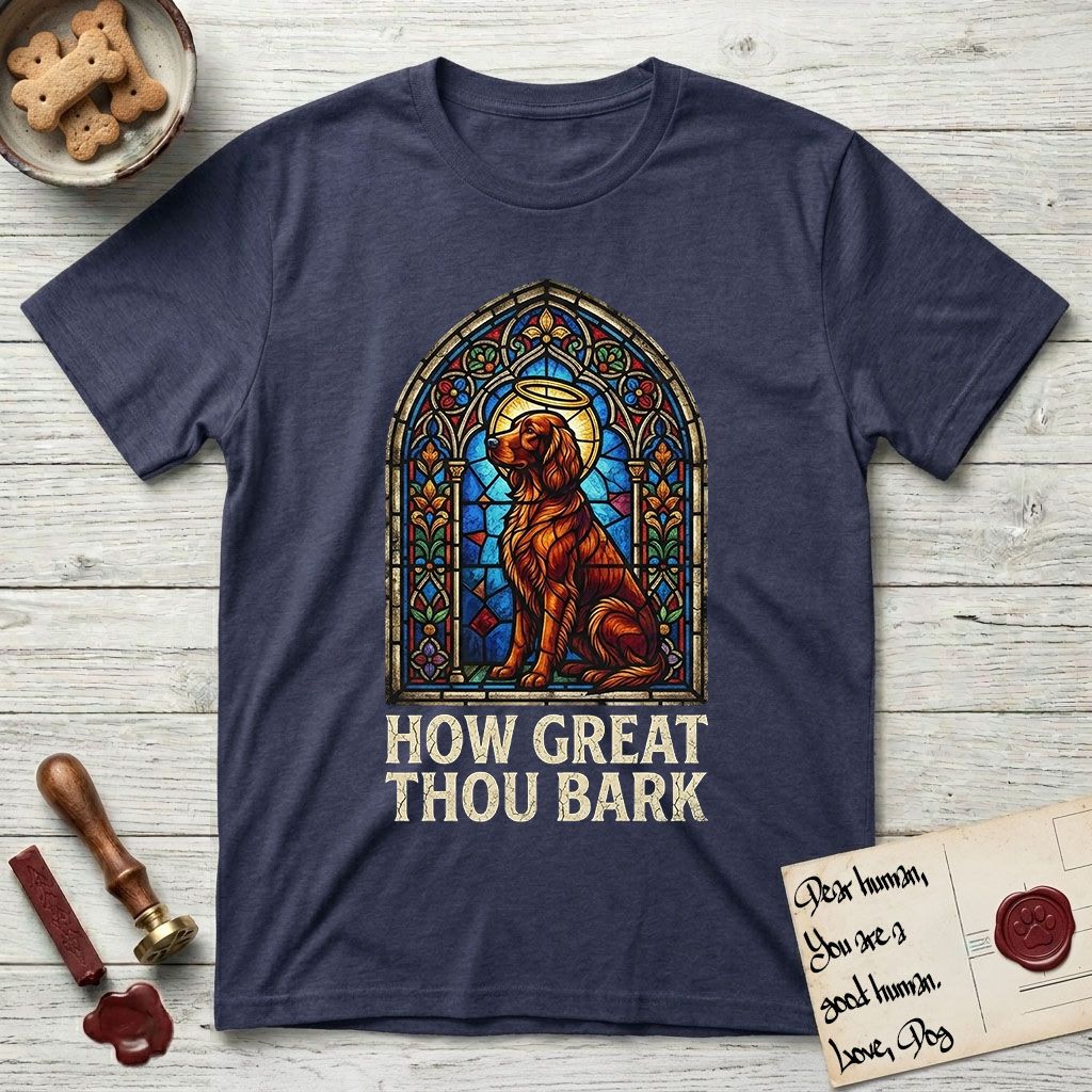 How Great Thou Bark Irish Setter T-Shirt flat lay in Navy, featuring a full-color stained-glass saint window of an Irish Setter seated and gazing up into the light, with a halo.