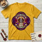 How Great Thou Bark Saint Bernard T-Shirt flat lay in Daisy, featuring a full-color stained-glass saint window of a red and white Saint Bernard facing forward, haloed in golden light.