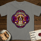 How Great Thou Bark Saint Bernard T-Shirt flat lay in Grey, featuring a full-color stained-glass saint window of a red and white Saint Bernard facing forward, haloed in golden light.