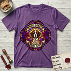 How Great Thou Bark Saint Bernard T-Shirt flat lay in Heather Purple, featuring a full-color stained-glass saint window of a red and white Saint Bernard facing forward, haloed in golden light.