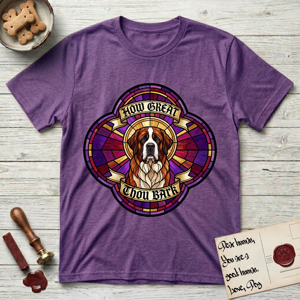 How Great Thou Bark Saint Bernard T-Shirt flat lay in Heather Purple, featuring a full-color stained-glass saint window of a red and white Saint Bernard facing forward, haloed in golden light.