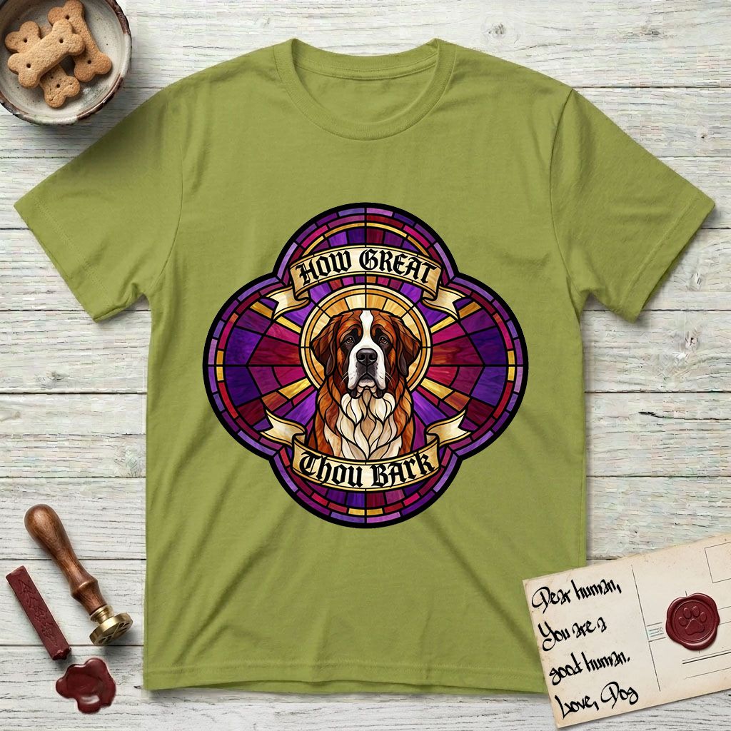 How Great Thou Bark Saint Bernard T-Shirt flat lay in Kiwi, featuring a full-color stained-glass saint window of a red and white Saint Bernard facing forward, haloed in golden light.