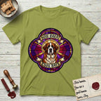 How Great Thou Bark Saint Bernard T-Shirt flat lay in Kiwi, featuring a full-color stained-glass saint window of a red and white Saint Bernard facing forward, haloed in golden light.