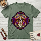 How Great Thou Bark Saint Bernard T-Shirt flat lay in Military Green, featuring a full-color stained-glass saint window of a red and white Saint Bernard facing forward, haloed in golden light.