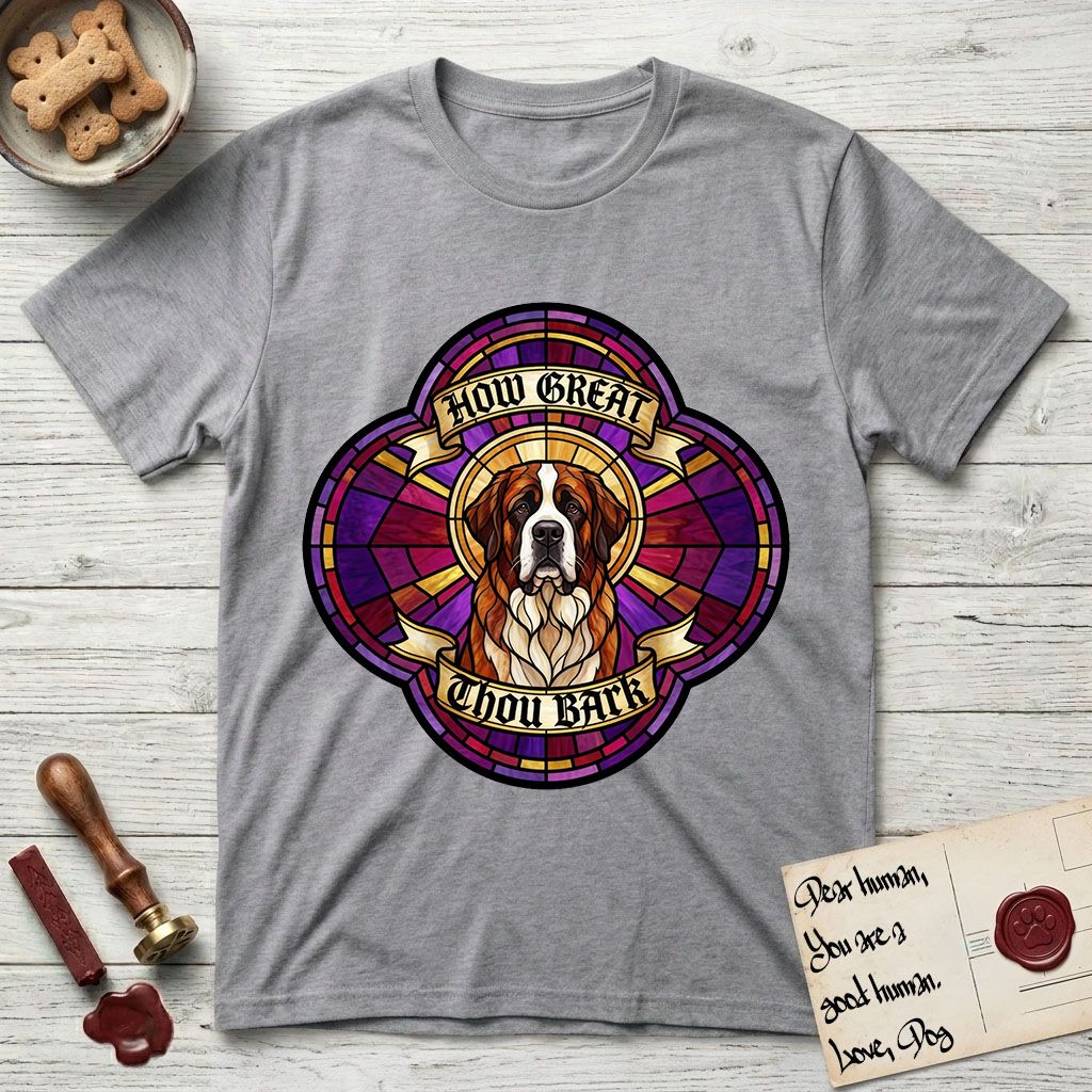 How Great Thou Bark Saint Bernard T-Shirt flat lay in Sport Grey, featuring a full-color stained-glass saint window of a red and white Saint Bernard facing forward, haloed in golden light.