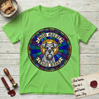 How Great Thou Bark Schnauzer T-Shirt flat lay in Lime, featuring a full-color stained-glass saint window of a salt-and-pepper Schnauzer with bushy eyebrows and beard, haloed in golden light.