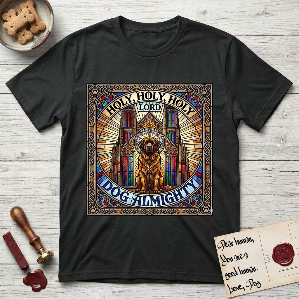Holy Holy Holy Newfoundland T-Shirt flat lay in Black, featuring a gothic stained-glass window in jewel tones with a Newfoundland at center, Celtic knotwork border, corner paw prints, and the words Holy Holy Holy and Dog Almighty.