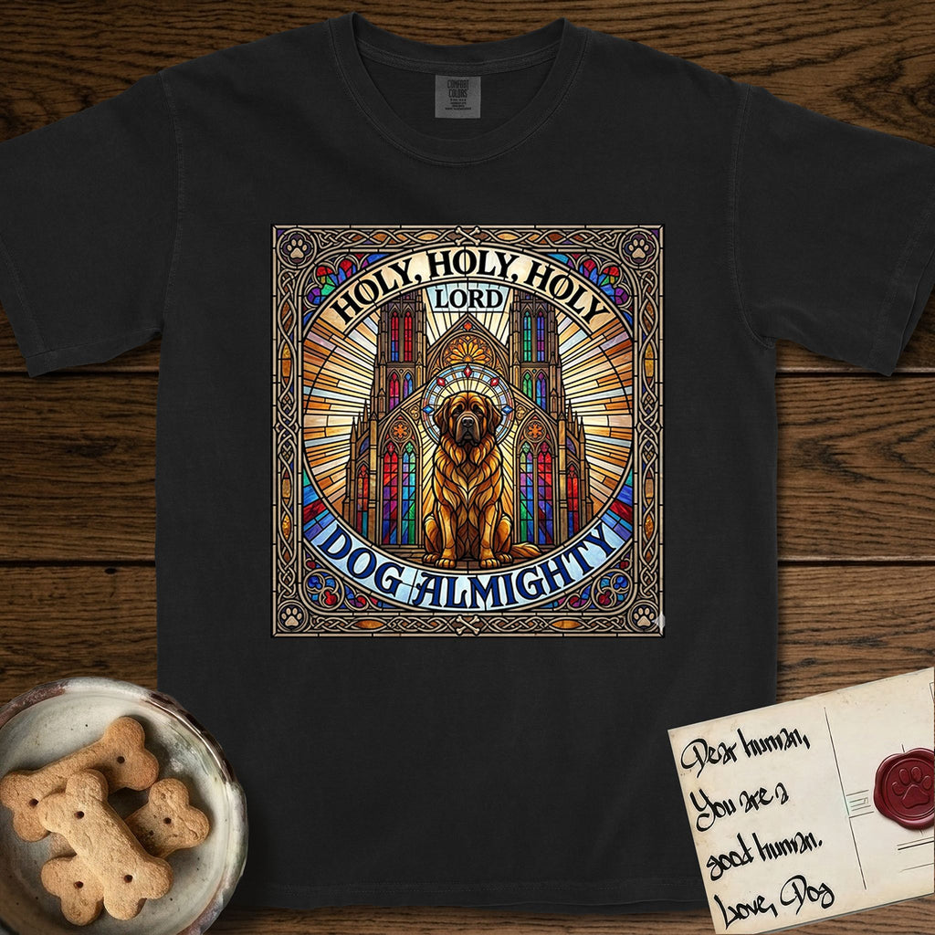 Holy Holy Holy Newfoundland T-Shirt flat lay in Black, featuring a gothic stained-glass window in jewel tones with a Newfoundland at center, Celtic knotwork border, corner paw prints, and the words Holy Holy Holy and Dog Almighty.