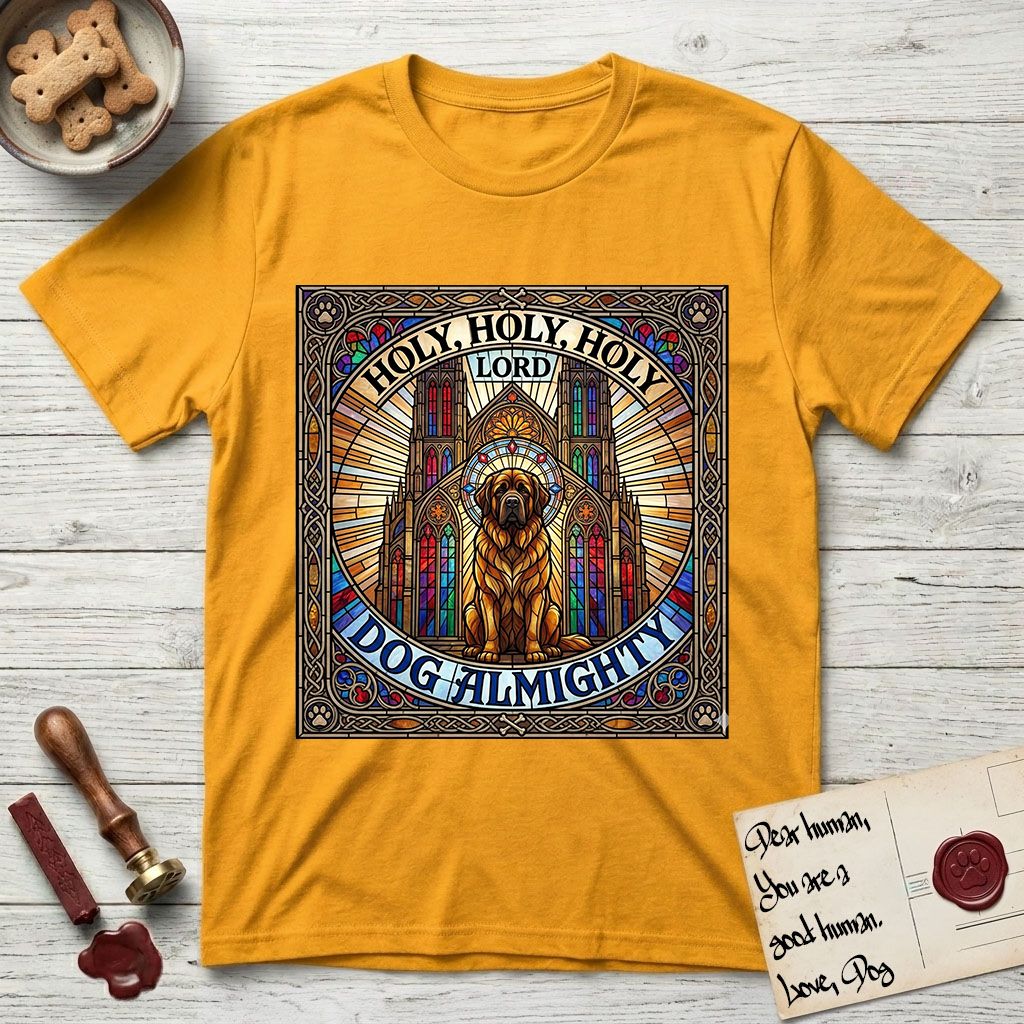 Holy Holy Holy Newfoundland T-Shirt flat lay in Gold, featuring a gothic stained-glass window in jewel tones with a Newfoundland at center, Celtic knotwork border, corner paw prints, and the words Holy Holy Holy and Dog Almighty.