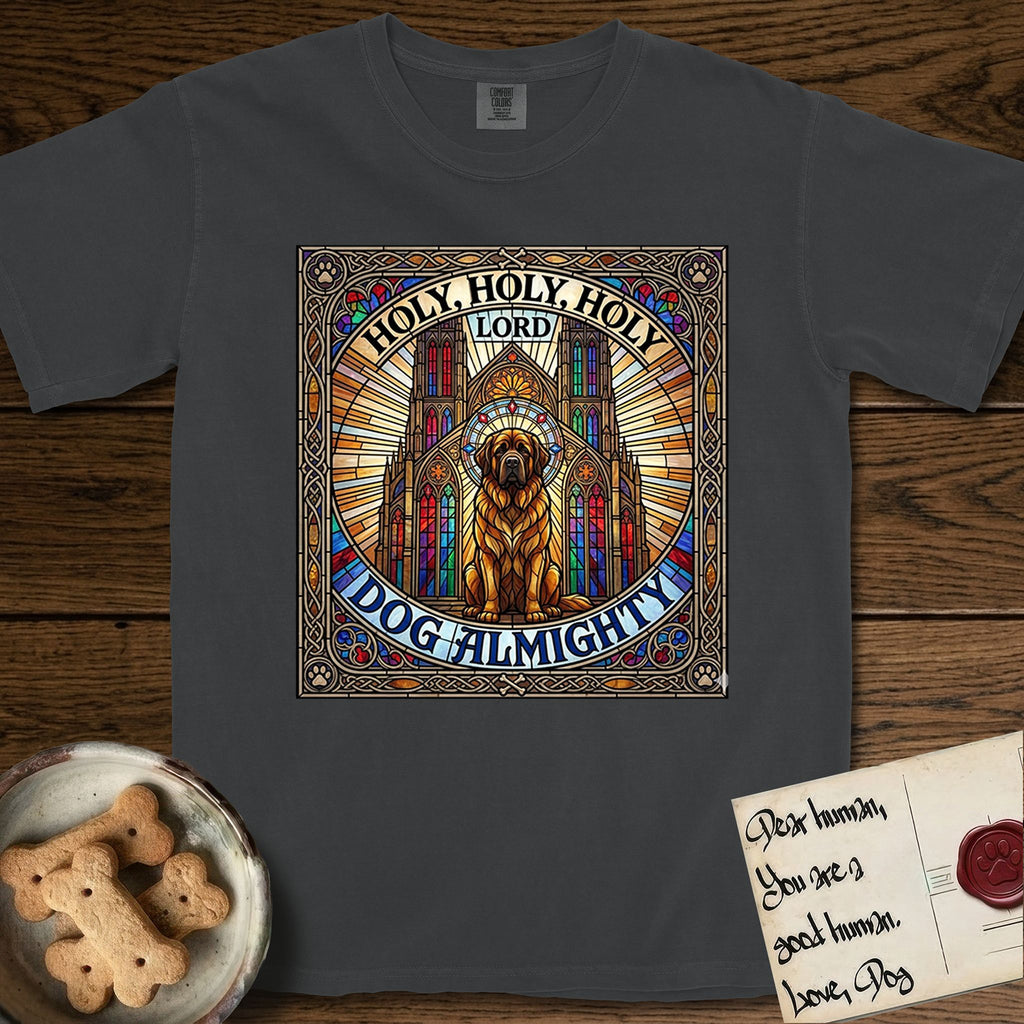 Holy Holy Holy Newfoundland T-Shirt flat lay in Graphite, featuring a gothic stained-glass window in jewel tones with a Newfoundland at center, Celtic knotwork border, corner paw prints, and the words Holy Holy Holy and Dog Almighty.