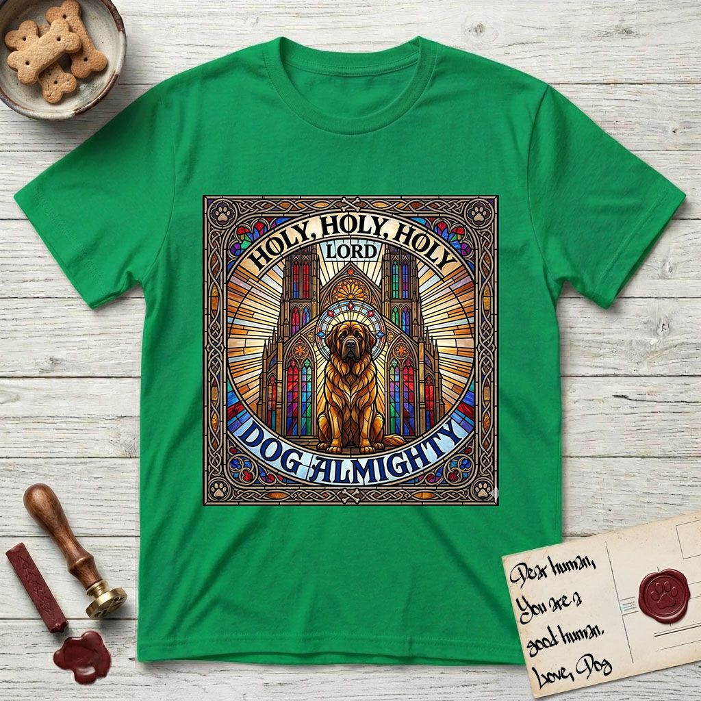 Holy Holy Holy Newfoundland T-Shirt flat lay in Irish Green, featuring a gothic stained-glass window in jewel tones with a Newfoundland at center, Celtic knotwork border, corner paw prints, and the words Holy Holy Holy and Dog Almighty.