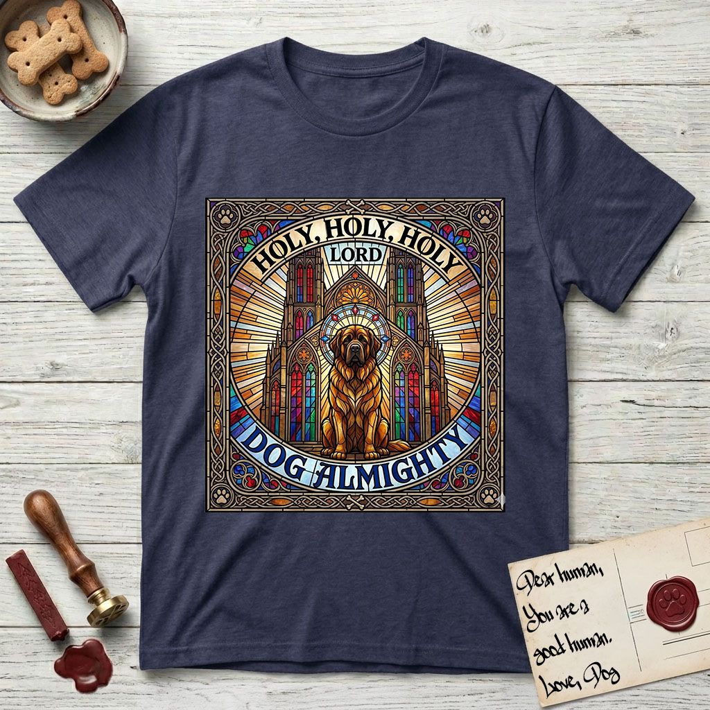 Holy Holy Holy Newfoundland T-Shirt flat lay in Navy, featuring a gothic stained-glass window in jewel tones with a Newfoundland at center, Celtic knotwork border, corner paw prints, and the words Holy Holy Holy and Dog Almighty.