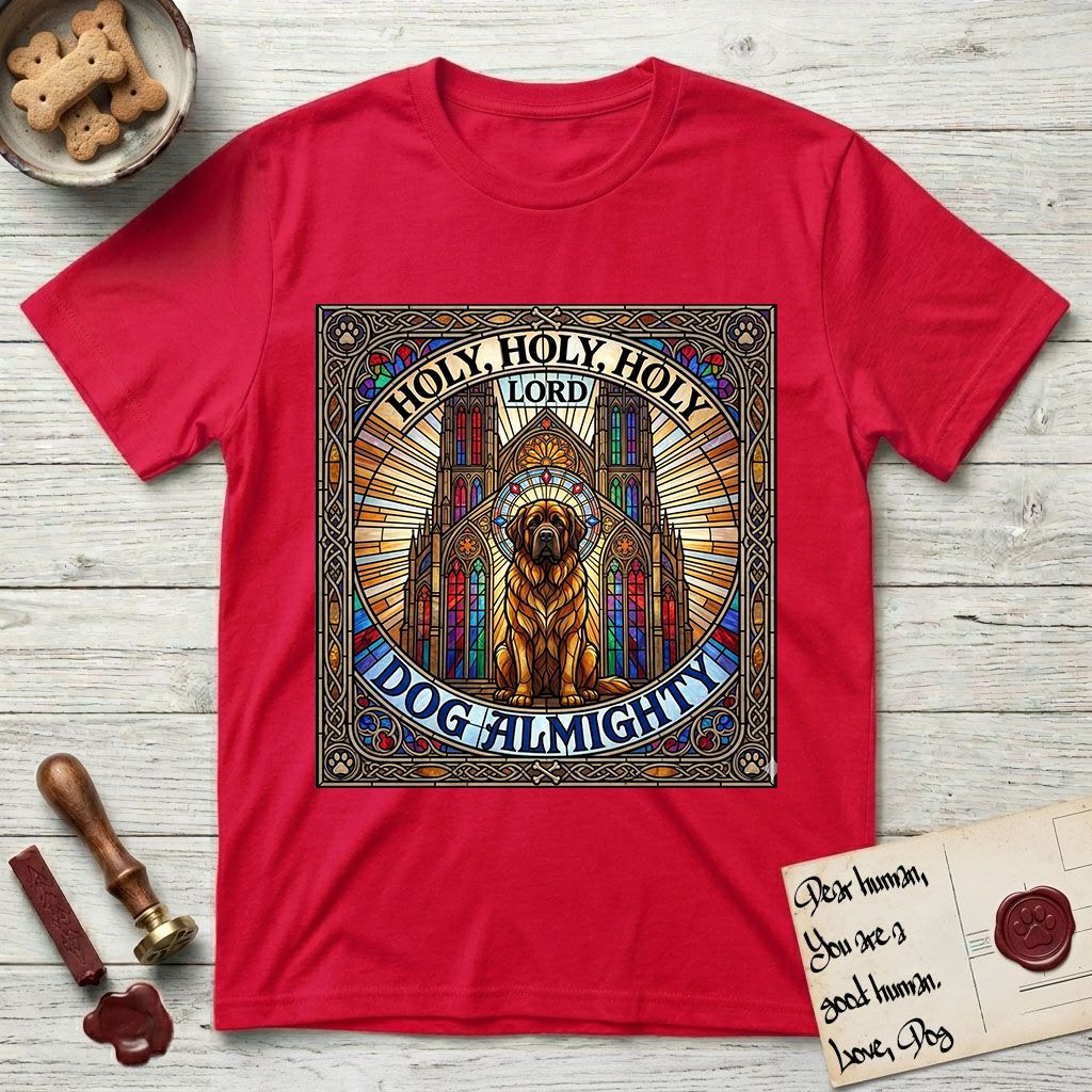 Holy Holy Holy Newfoundland T-Shirt flat lay in Red, featuring a gothic stained-glass window in jewel tones with a Newfoundland at center, Celtic knotwork border, corner paw prints, and the words Holy Holy Holy and Dog Almighty.