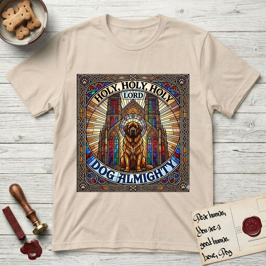 Holy Holy Holy Newfoundland T-Shirt flat lay in Sand, featuring a gothic stained-glass window in jewel tones with a Newfoundland at center, Celtic knotwork border, corner paw prints, and the words Holy Holy Holy and Dog Almighty.