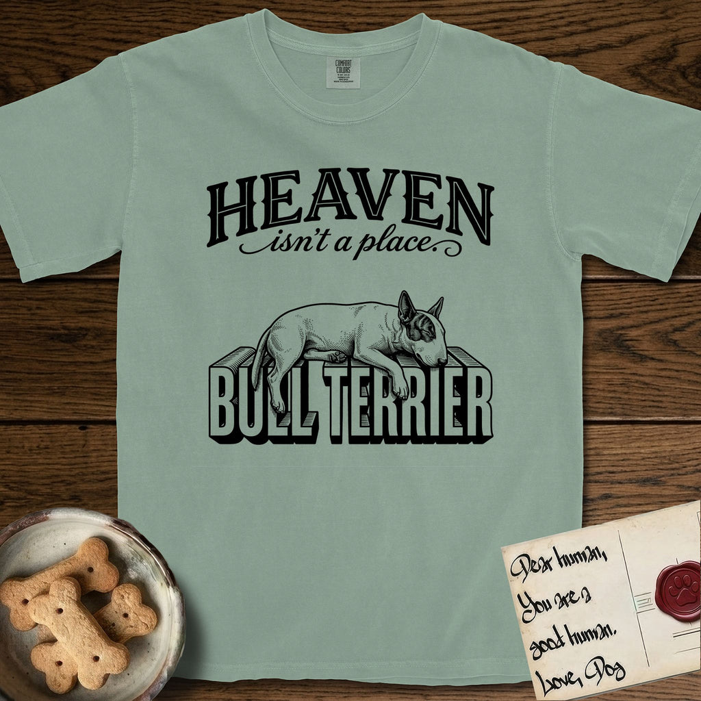 Heaven Isn't a Place Bull Terrier T-Shirt flat lay in Bay, featuring Black ink engraving illustration of a Bull Terrier with a dark patch over one eye asleep on top of the giant carved block letters BULL TERRIER, under the lettering HEAVEN isn't a place..